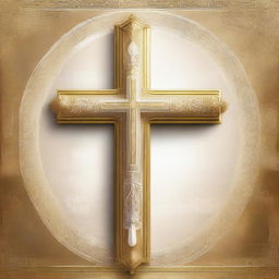 A high-quality digital art image of a majestic golden church cross, gleaming under the soft light