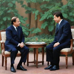 An artistic representation of Sharukh Khan, the famous Indian actor, meeting Nawaz Sharif, the former Prime Minister of Pakistan. They are in a peaceful setting, engaging in friendly conversation.