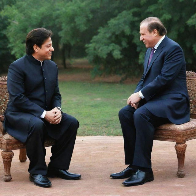 An artistic representation of Sharukh Khan, the famous Indian actor, meeting Nawaz Sharif, the former Prime Minister of Pakistan. They are in a peaceful setting, engaging in friendly conversation.