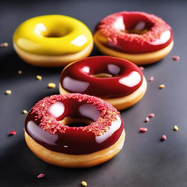 A high-quality, mouth-watering photograph of four donuts, each one generously coated with a glossy red icing