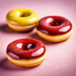 A high-quality, mouth-watering photograph of four donuts, each one generously coated with a glossy red icing