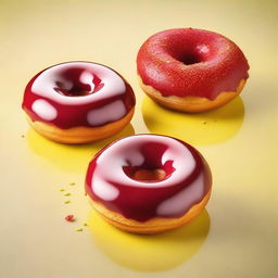 A high-quality, mouth-watering photograph of four donuts, each one generously coated with a glossy red icing