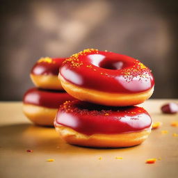 A high-quality, mouth-watering photograph of four donuts, each one generously coated with a glossy red icing