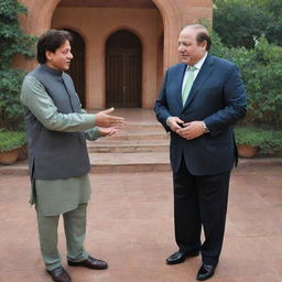 An artistic representation of Sharukh Khan, the famous Indian actor, meeting Nawaz Sharif, the former Prime Minister of Pakistan. They are in a peaceful setting, engaging in friendly conversation.