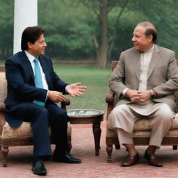 An artistic representation of Sharukh Khan, the famous Indian actor, meeting Nawaz Sharif, the former Prime Minister of Pakistan. They are in a peaceful setting, engaging in friendly conversation.