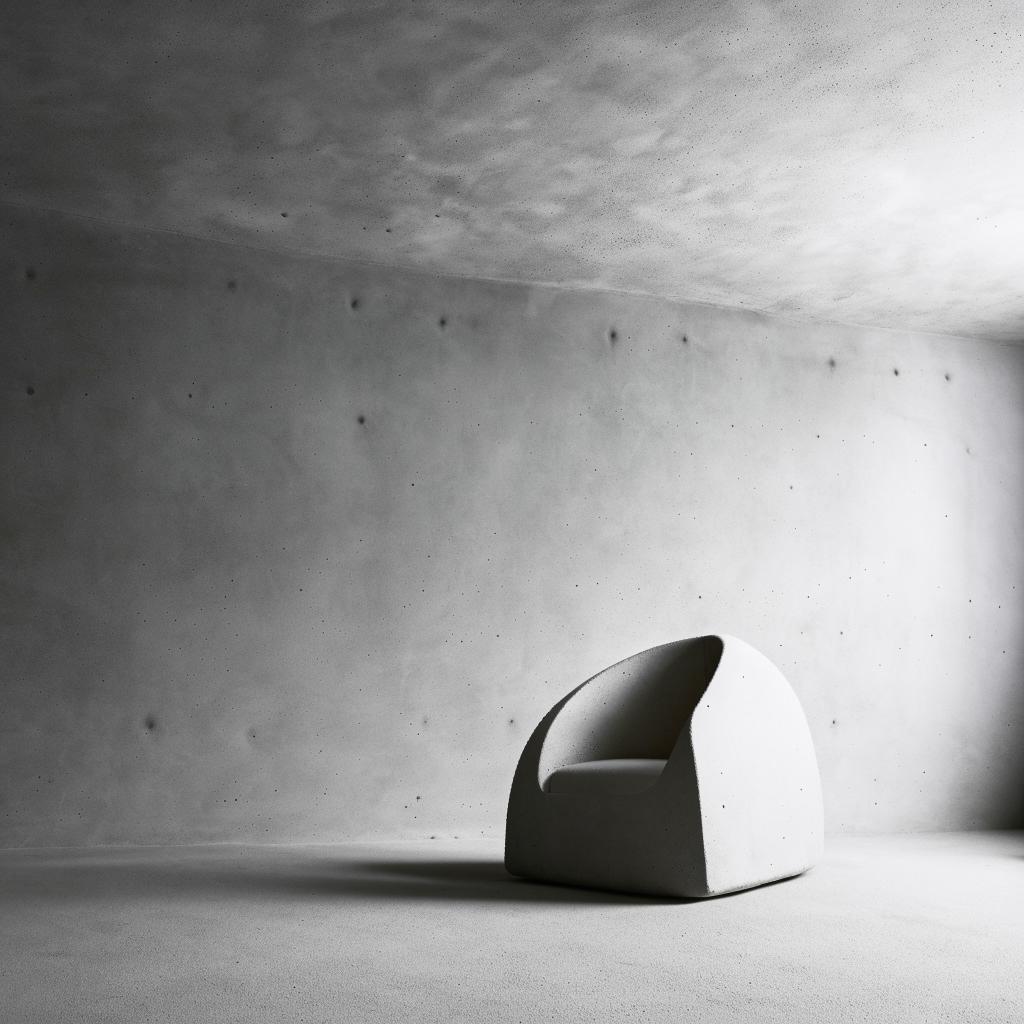 An aesthetically pleasing concrete room, featuring an armchair. The scene is styled in an architectural photography aesthetic.