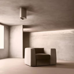 An aesthetically pleasing concrete room, featuring an armchair. The scene is styled in an architectural photography aesthetic.