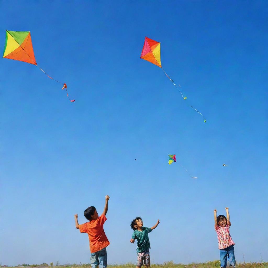 Children happily flying colorful kites in a clear blue sky