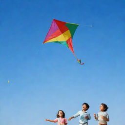 Children happily flying colorful kites in a clear blue sky