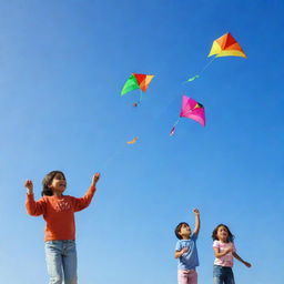 Children happily flying colorful kites in a clear blue sky