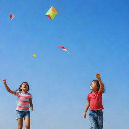 Children happily flying colorful kites in a clear blue sky