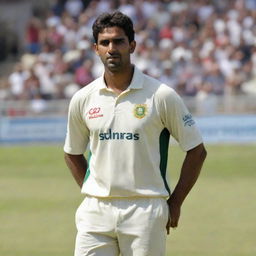 Generate an image of a cricketer named Ismail wearing a jersey with the number 56. He is in the middle of a match, poised to make a play on a sunny day at the cricket ground.