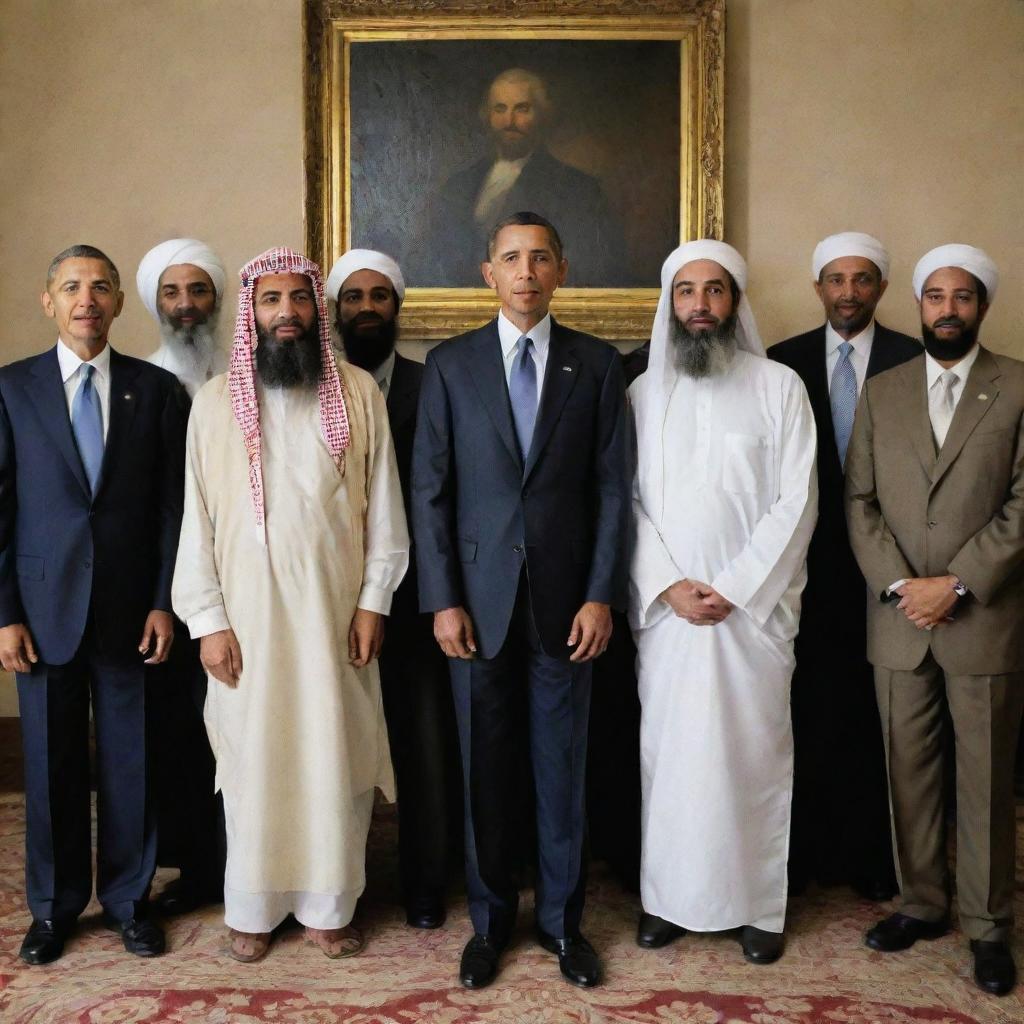 A surreal image of former President Barack Obama and Osama Bin Laden, enemies in life, standing together in a peaceful group photo, highlighting a fantastical alternative reality where international relations take a different turn.