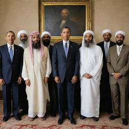 A surreal image of former President Barack Obama and Osama Bin Laden, enemies in life, standing together in a peaceful group photo, highlighting a fantastical alternative reality where international relations take a different turn.