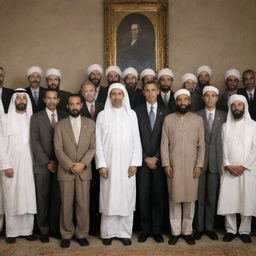 A surreal image of former President Barack Obama and Osama Bin Laden, enemies in life, standing together in a peaceful group photo, highlighting a fantastical alternative reality where international relations take a different turn.