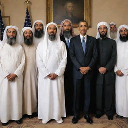 A surreal image of former President Barack Obama and Osama Bin Laden, enemies in life, standing together in a peaceful group photo, highlighting a fantastical alternative reality where international relations take a different turn.