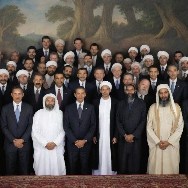 A surreal image of former President Barack Obama and Osama Bin Laden, enemies in life, standing together in a peaceful group photo, highlighting a fantastical alternative reality where international relations take a different turn.