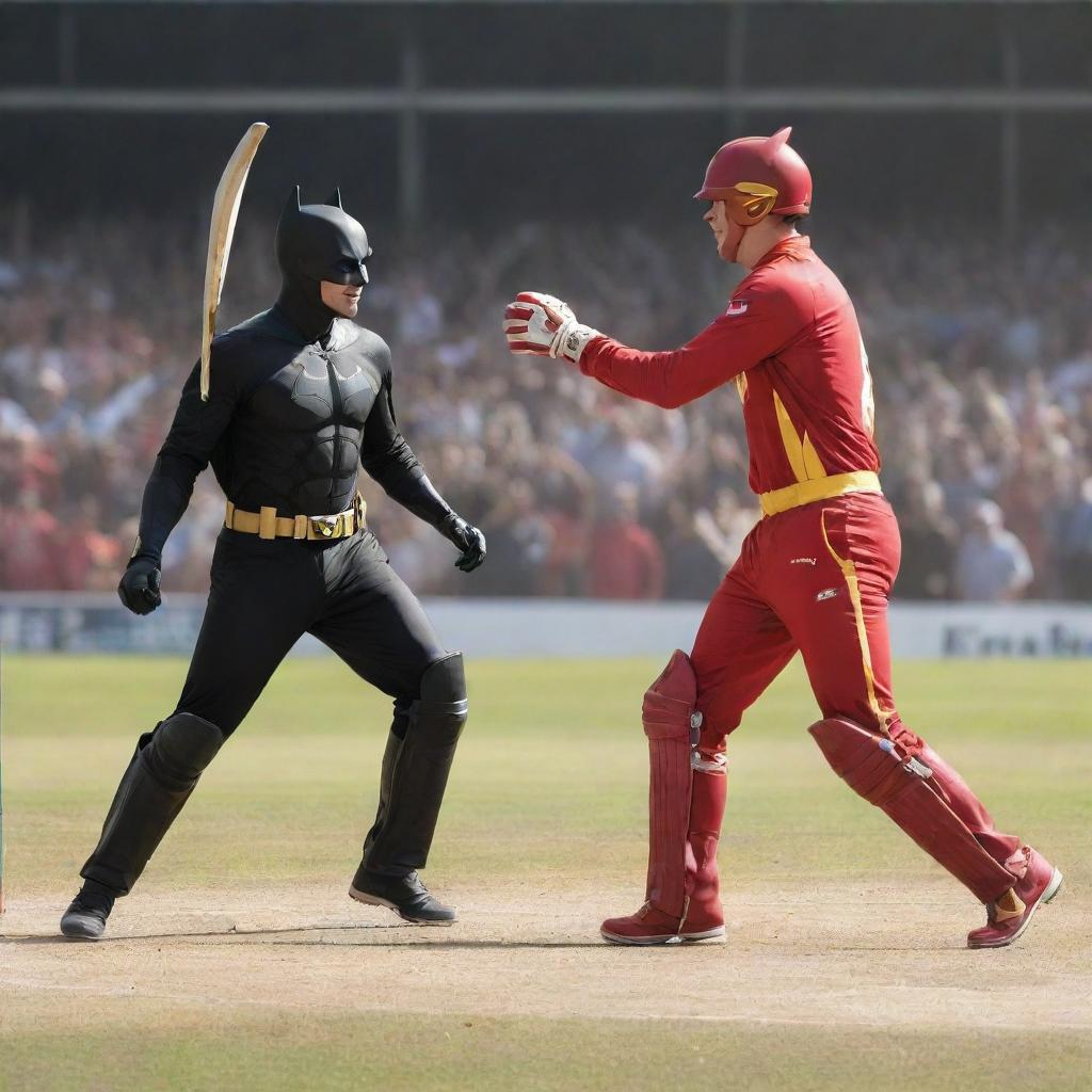 An energetic and fun image of Batman and The Flash from DC comics playing a game of cricket. Batman is batting while The Flash prepares to bowl. The setting is a sunny day.