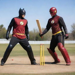 An energetic and fun image of Batman and The Flash from DC comics playing a game of cricket. Batman is batting while The Flash prepares to bowl. The setting is a sunny day.