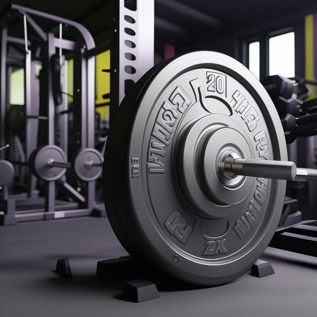 Modify the previous image to now feature the gym barbell with even more shiny, silver 20kg plates stacked on each side.