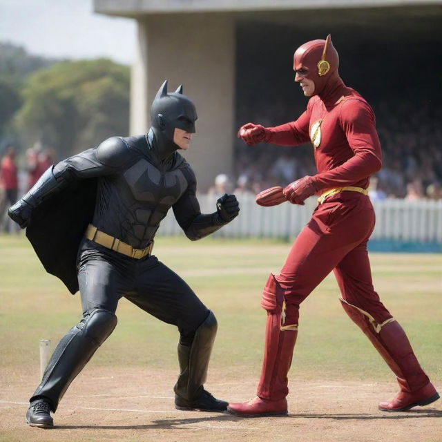 An energetic and fun image of Batman and The Flash from DC comics playing a game of cricket. Batman is batting while The Flash prepares to bowl. The setting is a sunny day.