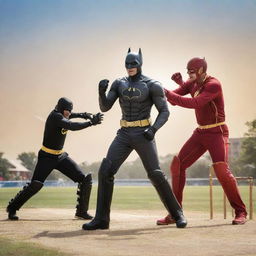 An energetic and fun image of Batman and The Flash from DC comics playing a game of cricket. Batman is batting while The Flash prepares to bowl. The setting is a sunny day.