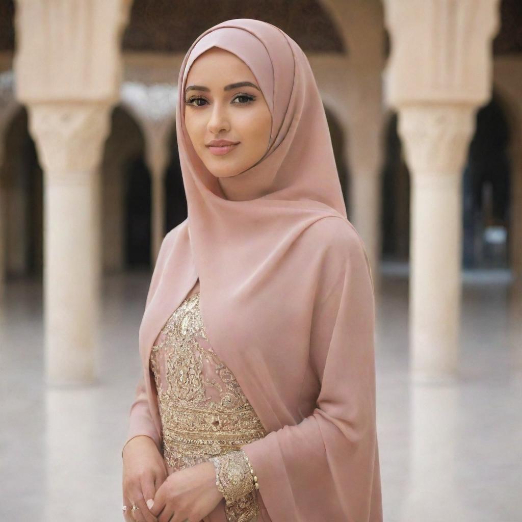 A tall, beautiful Muslim woman adorned in modest and fashionable attire, her grace and beauty evident in her poise and the tasteful manner in which her hijab complements her features.