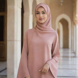 A tall, beautiful Muslim woman adorned in modest and fashionable attire, her grace and beauty evident in her poise and the tasteful manner in which her hijab complements her features.