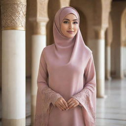 A tall, beautiful Muslim woman adorned in modest and fashionable attire, her grace and beauty evident in her poise and the tasteful manner in which her hijab complements her features.