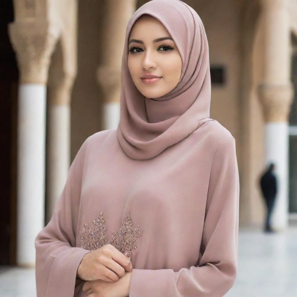 A tall, beautiful Muslim woman adorned in modest and fashionable attire, her grace and beauty evident in her poise and the tasteful manner in which her hijab complements her features.