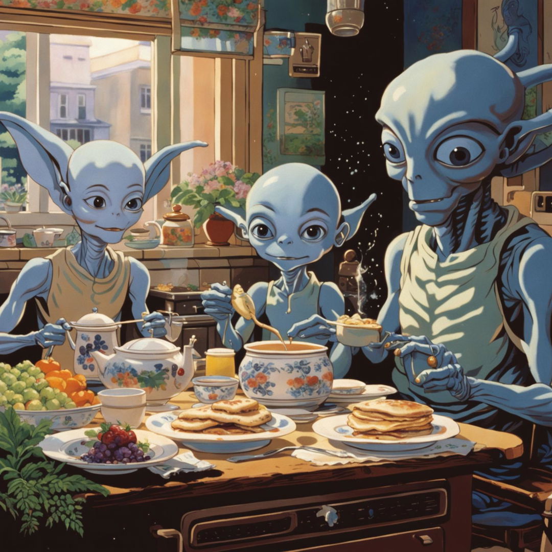 Animated Ghibli-style scene of a human-like alien family with blue skin enjoying a delicious breakfast in a cozy apartment on a warm summer day.