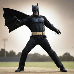 An exciting action-packed image of Batman, the comic hero, hitting a six in cricket. Batman is in his dark outfit, his stance powerful and determined, the ball flying far into the sky off his bat.