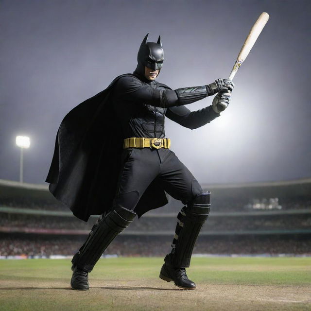 An exciting action-packed image of Batman, the comic hero, hitting a six in cricket. Batman is in his dark outfit, his stance powerful and determined, the ball flying far into the sky off his bat.