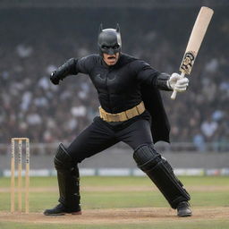 An exciting action-packed image of Batman, the comic hero, hitting a six in cricket. Batman is in his dark outfit, his stance powerful and determined, the ball flying far into the sky off his bat.