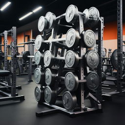 Modify the previous image to now feature the gym barbell with even more shiny, silver 20kg plates stacked on each side.