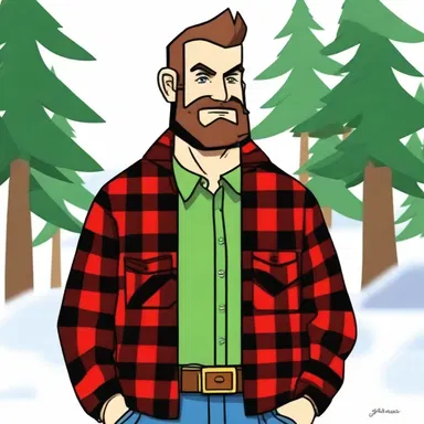 In the popular animated series, the lumberjack character always sported a red and black plaid lumber jacket.