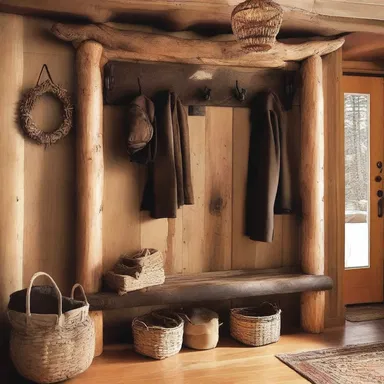 The rustic cabin-style home featured a charming entrance with a coat rack displaying several lumber jackets.