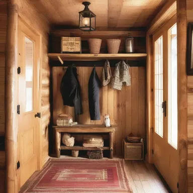 The rustic cabin-style home featured a charming entrance with a coat rack displaying several lumber jackets.