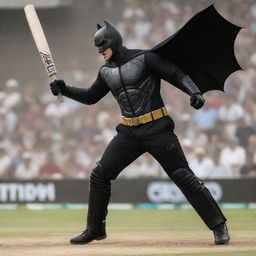 An exciting action-packed image of Batman, the comic hero, hitting a six in cricket. Batman is in his dark outfit, his stance powerful and determined, the ball flying far into the sky off his bat.