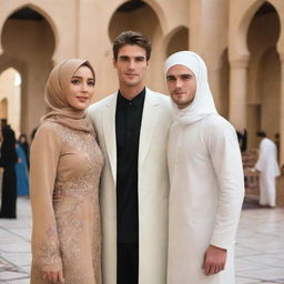 A tall and beautiful Muslim woman stands elegantly, adorned in her fashionable attire and hijab, posing next to the tall and handsome actor Jacob Elordi, making for an uniquely captivating image.