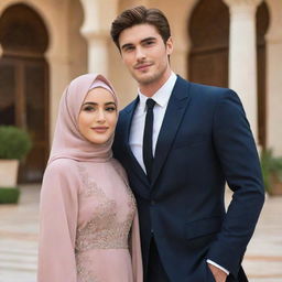 A tall and beautiful Muslim woman stands elegantly, adorned in her fashionable attire and hijab, posing next to the tall and handsome actor Jacob Elordi, making for an uniquely captivating image.