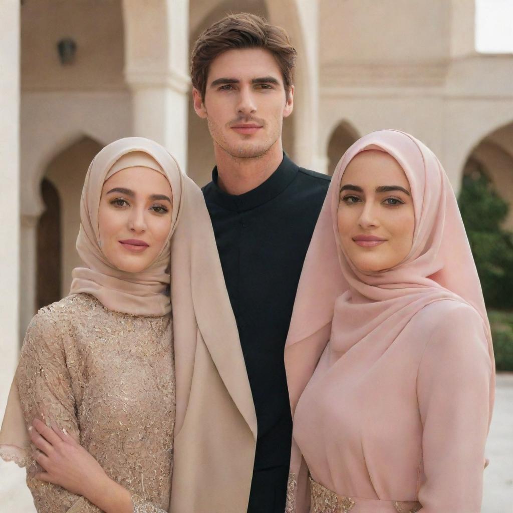 A tall and beautiful Muslim woman stands elegantly, adorned in her fashionable attire and hijab, posing next to the tall and handsome actor Jacob Elordi, making for an uniquely captivating image.