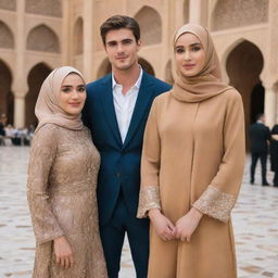 A tall and beautiful Muslim woman stands elegantly, adorned in her fashionable attire and hijab, posing next to the tall and handsome actor Jacob Elordi, making for an uniquely captivating image.