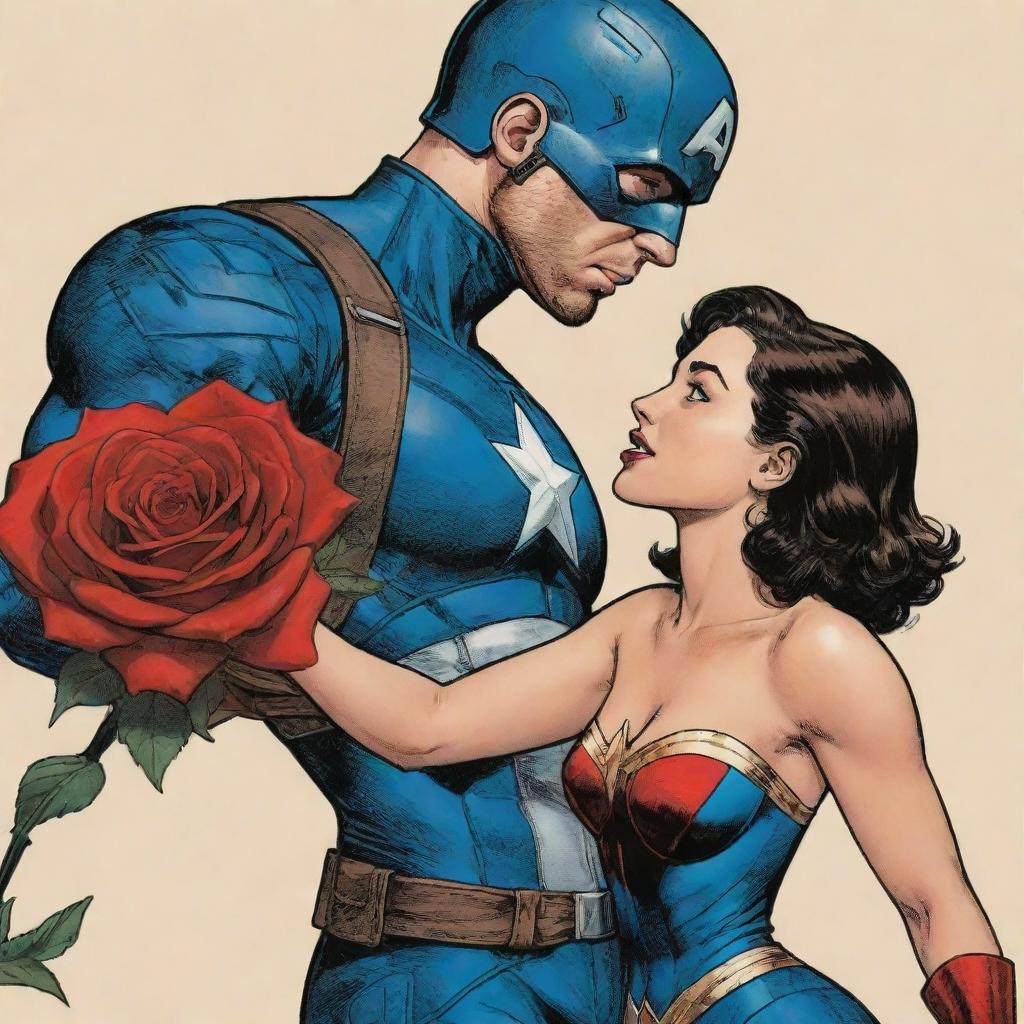 A romantic, comic-style image of Captain America extending a red rose towards Wonder Woman. Captain America's shield is on his back, and Wonder Woman appears pleasantly surprised by the gesture.