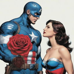 A romantic, comic-style image of Captain America extending a red rose towards Wonder Woman. Captain America's shield is on his back, and Wonder Woman appears pleasantly surprised by the gesture.