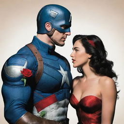 A romantic, comic-style image of Captain America extending a red rose towards Wonder Woman. Captain America's shield is on his back, and Wonder Woman appears pleasantly surprised by the gesture.