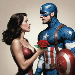 A romantic, comic-style image of Captain America extending a red rose towards Wonder Woman. Captain America's shield is on his back, and Wonder Woman appears pleasantly surprised by the gesture.