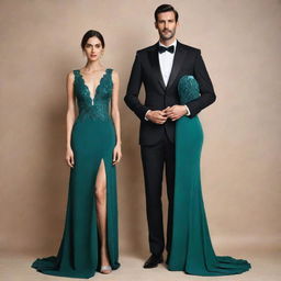 A tall couple standing together. Their towering height, matched by their striking features and elegant attire, make them a captivating sight.