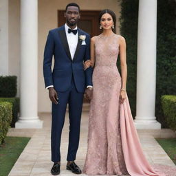 A tall couple standing together. Their towering height, matched by their striking features and elegant attire, make them a captivating sight.