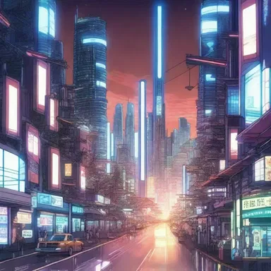The futuristic city in the anime series is illuminated by the glow of mercury-vapor lamps.
